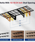 Two Pack 1x6 Foot Wall Mounted Floating Shelves Black For Garage Storage Pantry Or Kitchen Easy Stud Mount Classic Series 12x72 Inches Each Shelf Made From Two 1x3 Foot Panels diagram showing installation on various walls.