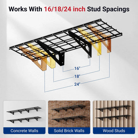 Two Pack 1x6 Foot Wall Mounted Floating Shelves Black For Garage Storage Pantry Or Kitchen Easy Stud Mount Classic Series 12x72 Inches Each Shelf Made From Two 1x3 Foot Panels diagram showing installation on various walls.