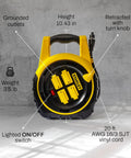 Slick Retractable 20Ft Extension Cord Reel With Four Outlets And On Off Switch 16 3 AWG Power Cable 125V 13A 1625W ETL Listed Portable Garage And Workshop Cable Organizer showing dimensions and features
