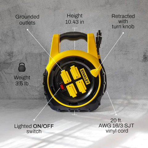 Slick Retractable 20Ft Extension Cord Reel With Four Outlets And On Off Switch 16 3 AWG Power Cable 125V 13A 1625W ETL Listed Portable Garage And Workshop Cable Organizer showing dimensions and features