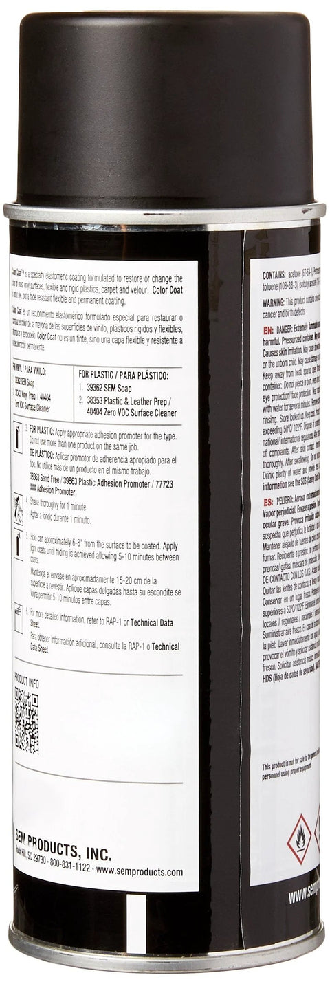 SEM Products Satin Black Color Coat spray paint can, 12 oz, automotive finish (side view)