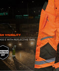 GloWear 8928 Insulated Thermal Bib Overalls For Brutal Cold, High Visibility Orange with reflective tape in night setting