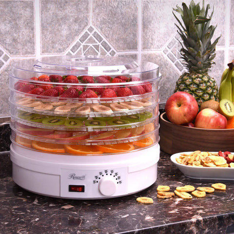 Straight Up Five Tray Food Dehydrator Machine With Adjustable Temperature Dial Horizontal Heat Flow For Preparing Homemade Jerky Fresh Herbs Ripe Fruit Crunchy Veggies Zero Additives Bpa Free White displaying dehydrated fruits.