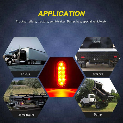 Diagram showing application of 6 Inch Oval Red LED Tail Lights 2 Pack with Surface Mount Grommets IP65 Waterproof for trucks, trailers, and more