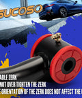 Close-up of oilable zerk on a suspension arm, emphasizing correct orientation. Background shows a car and the text 'SUCOSO'.