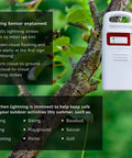 Iris Wireless Home Weather Station lightning sensor hanging on tree, detecting strikes within 25 miles, with visual alerts.