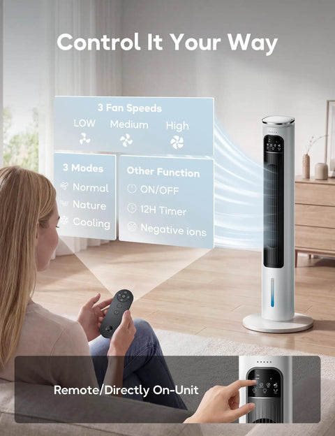 Woman using remote to operate Portable Windowless Air Cooler With Remote 37 Inch Ventless Evaporative Cooler Beats The Heat