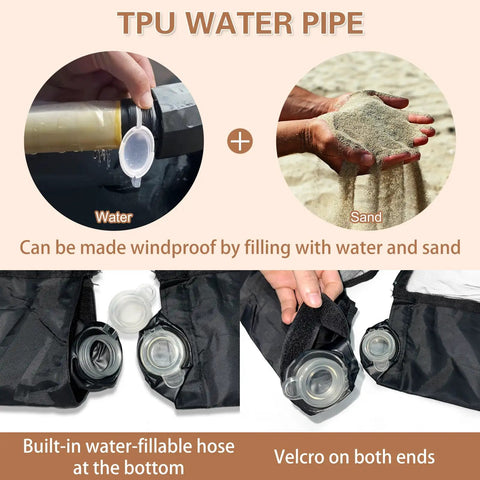 Close-up of TPU water pipe for mosquito netting, built-in hose for filling with water or sand, and velcro closures shown.
