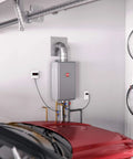 Indoor Natural Gas Tankless Water Heater Serves Up A Smooth Seven GPM Stream With EcoNet Smart Monitoring mounted in garage.