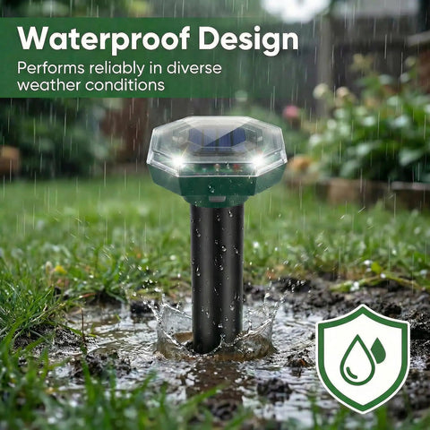 Solar Powered Ultrasonic Mole And Gopher Repeller Pack Of Four Waterproof Outdoor Pest Deterrents in rainy backyard