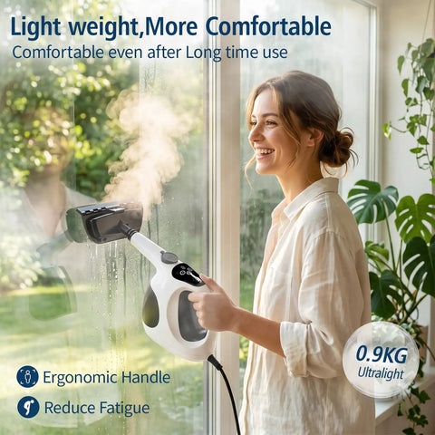 Rapid 3 Second Heat Up Handheld Steam Cleaner With 400Ml Tank For Powerful Deep Cleaning Of Kitchen Grease Bathroom Mold And Floor Sanitization Quick Dry High Temp Vapor Mop For Tough Stains, being used to clean a window.