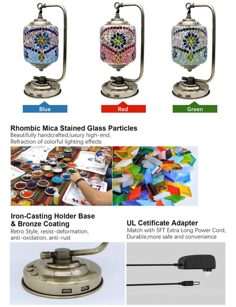 Three 7 Color Mosaic Table Lamps in blue, red, green with 360 degree rotating color changing glass, USB ports, and accessories.