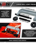 Heavy Duty Ball Joint Press Kit and Wheel Bearing Tool Set showing large C-frame, adapters, and red carry case for auto suspension