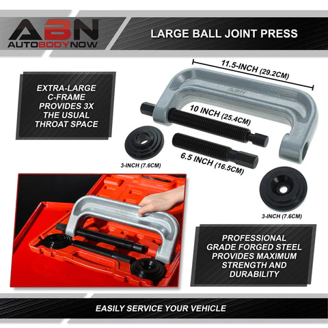 Heavy Duty Ball Joint Press Kit and Wheel Bearing Tool Set showing large C-frame, adapters, and red carry case for auto suspension