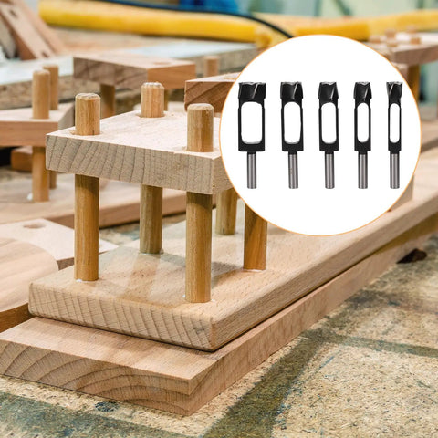 Built Like A Tank 5 Piece Wood Plug Cutter Set Carved From Tough High Carbon Steel Bits on wooden workspace with projects.