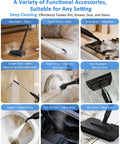 A variety of steam cleaner accessories including mop, brushes, and nozzles for diverse cleaning applications.