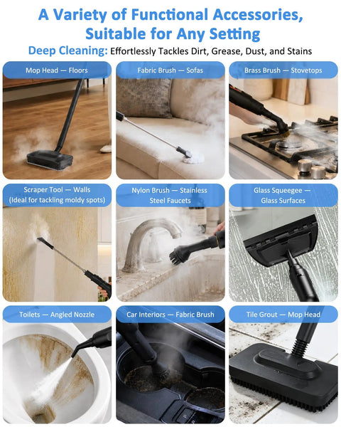 A variety of steam cleaner accessories including mop, brushes, and nozzles for diverse cleaning applications.
