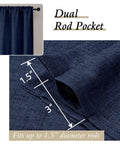 Navy Blue Curtain Set With Light Filtering Faux Linen Texture Two Panels 52W By 90L Rod Pocket Drapes close-up of rod pocket