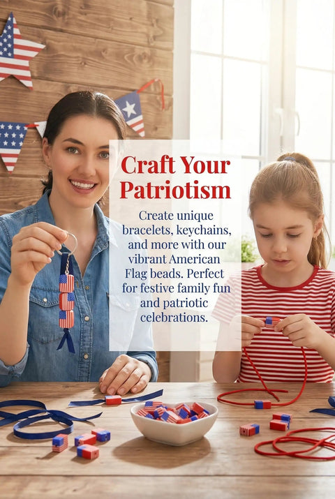 Mother and daughter crafting with All American Flag Polymer Clay Beads Pack for DIY Jewelry Making, Patriotic Heishi Spacer Beads.