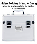 Metal toolbox with hidden folding handle with pull ring, showcasing hidden folding handle design.