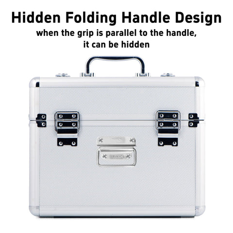 Metal toolbox with hidden folding handle with pull ring, showcasing hidden folding handle design.