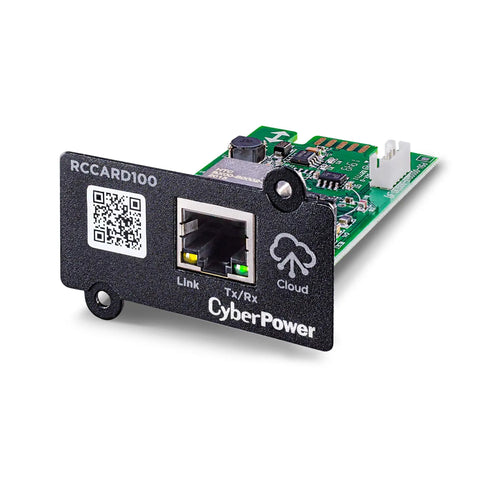 RCCARD100 Cloud Monitoring Card for UPS Systems With Remote Management Via PowerPanel Cloud, angled view showing QR code and port