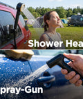 On The Go Camp Shower System for Camping with shower head in use; spray-gun rinsing car on outdoor background.