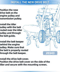 Diagram showing installation steps for Beefed Up Drive Belt For Rear Tine Tillers 12 X 728 Type 4L Tooth Replacement.