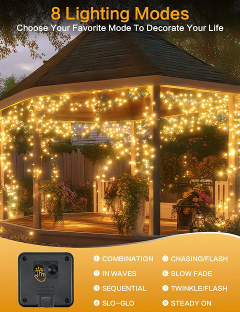 Gazebo decorated with Two Pack 66ft Outdoor Solar String Lights With 200 LEDs Waterproof Copper Wire 8 Modes Warm White Twinkle Lights