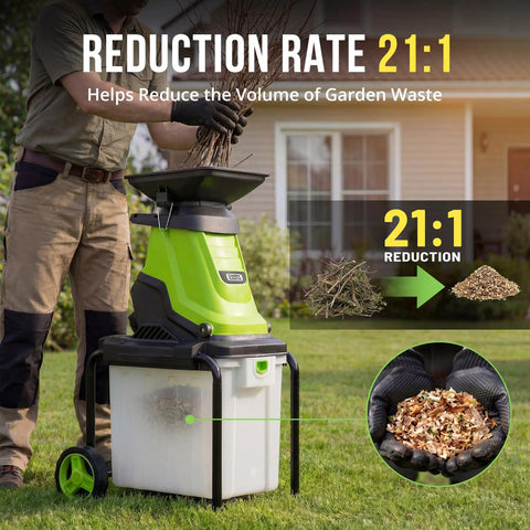 Man using Powerful Electric Wood Chipper Mulcher with 15 Amp Motor, 1.8 Inch Cutting Diameter, 50L Collection Bag, Anti Jam Reduction 21 to 1.