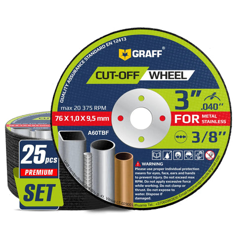 Three Inch Thin Metal And Stainless Steel Cut Off Wheels For Die Grinder Pro Grade Ultra Fast Cutting Disc 25 Pack front view
