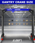 Real Deal 3 Ton Gantry Crane With 6600 Lbs Load Rating And Thick Steel Build For Demanding Shop Jobs glides smoothly with measurements of 9.06FT and 3.94FT.