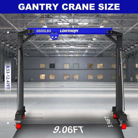 Real Deal 3 Ton Gantry Crane With 6600 Lbs Load Rating And Thick Steel Build For Demanding Shop Jobs glides smoothly with measurements of 9.06FT and 3.94FT.