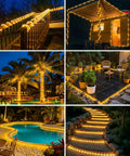 Lit Solar Rope Lights 120LED 46FT Outdoor String Lights on garden paths, steps, and around a pool, creating a warm glow.