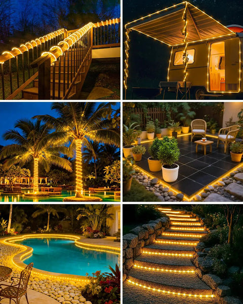 Lit Solar Rope Lights 120LED 46FT Outdoor String Lights on garden paths, steps, and around a pool, creating a warm glow.