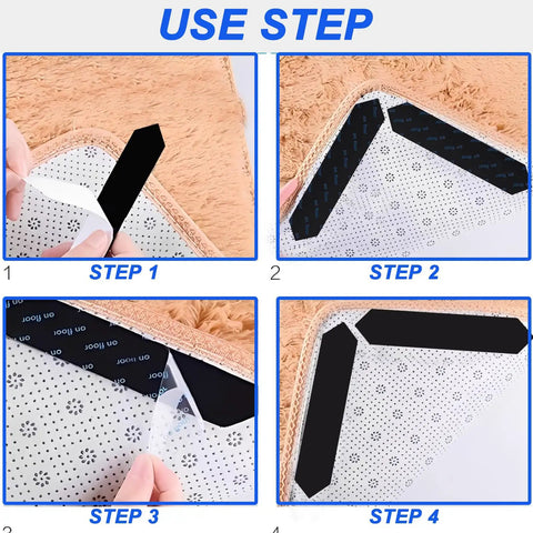 Step-by-step usage of 16 Pcs Rug Tape Non Slip Rug Grippers for Hardwood Floors and Tile for flat carpets and mats.