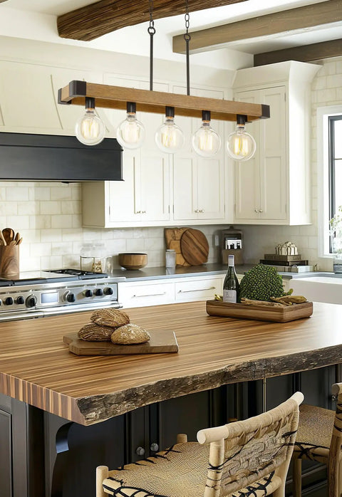 36 Inch Rustic Kitchen Island Light With 5 Lights, Linear Metal Frame, Hickory Wood Look And Black Finish in modern kitchen