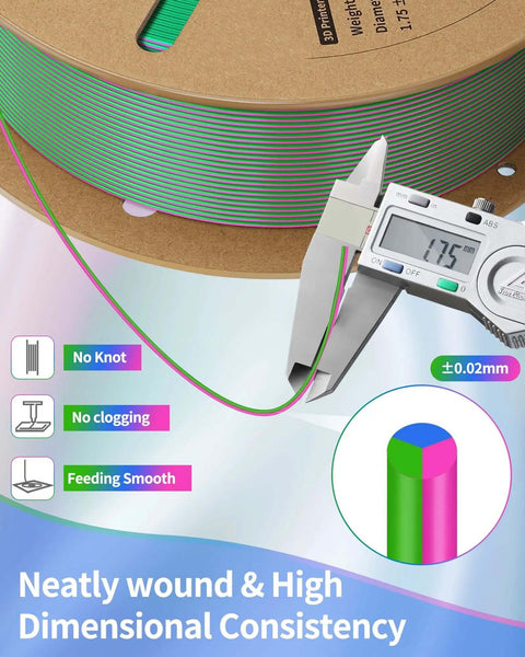 Tri Color Silk PLA Filament 1.75mm 1Kg For 3D Printing, neatly wound with measurement tool showing 0.02mm tolerance.