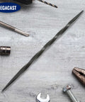 Heavy Duty Double Ended Steel Scribe Featuring A Knuckle Friendly Twist Handle And Hella Precise Dual Tapered Tips For Quick Metal Marking Layout Etching Work For Tough Tradesmen And Weekend Warriors on a workbench.