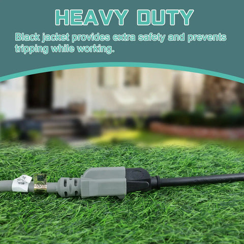 8 Ft Outdoor Extension Cord 12/3 SJTW Heavy Duty Gray Cable With 3 Prong Grounded Plug for lawn and garden use, black jacket