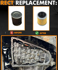 Direct replacement CVT Transmission Filter And Oil Pan Gasket Kit Compatible With Jeep Nissan Dodge Mitsubishi shown before and after