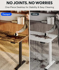 Rock Solid Sit Stand Desk 48 By 24 Inch One Piece Rustic Top Black Frame showing spill resistance and easy cleaning Features.
