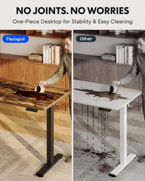 Rock Solid Sit Stand Desk 48 By 24 Inch One Piece Rustic Top Black Frame showing spill resistance and easy cleaning Features.