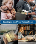 USB Rechargeable Book Reading Light With 3000K Warm White used by kids and adults, ideal for rest during travel and bedtime reading.