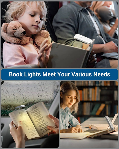 USB Rechargeable Book Reading Light With 3000K Warm White used by kids and adults, ideal for rest during travel and bedtime reading.