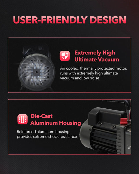Heavy Duty 4.5 CFM Single Stage HVAC Vacuum Pump, No-Fuss 1/4 HP 110 Volt Motor, featuring aluminum housing and cooling fan.