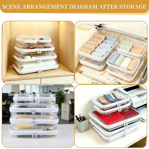 Solid 5 Pack Clear Hard Shell Zipper Cases Stackable Storage Pouches neatly arranged on shelves for organizing supplies.
