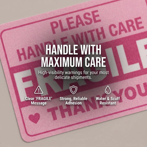 Fragile Handling Sticker Pack 600 Count For Boxes And Warehouse Shipments Red Copper Plate Labels With Easy To Read Handling Instructions High Visibility Shipping Labels For Moving And Logistics close-up pink fragile label