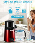 Premium Countertop Water Distiller With Four Liter Capacity And 1750 Watt Powerhouse, featuring red tank and glass carafe in kitchen setting.