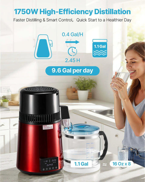 Premium Countertop Water Distiller With Four Liter Capacity And 1750 Watt Powerhouse, featuring red tank and glass carafe in kitchen setting.